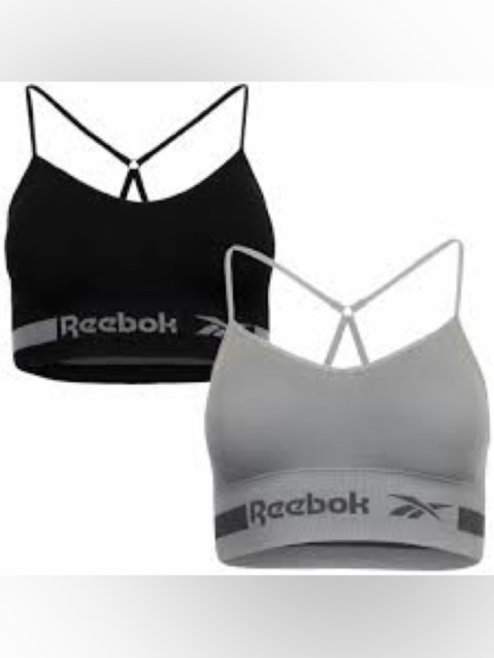 2 Reebok Dual-Tone Strappy Sports Bras L  Black & Light Gray bralette stretch